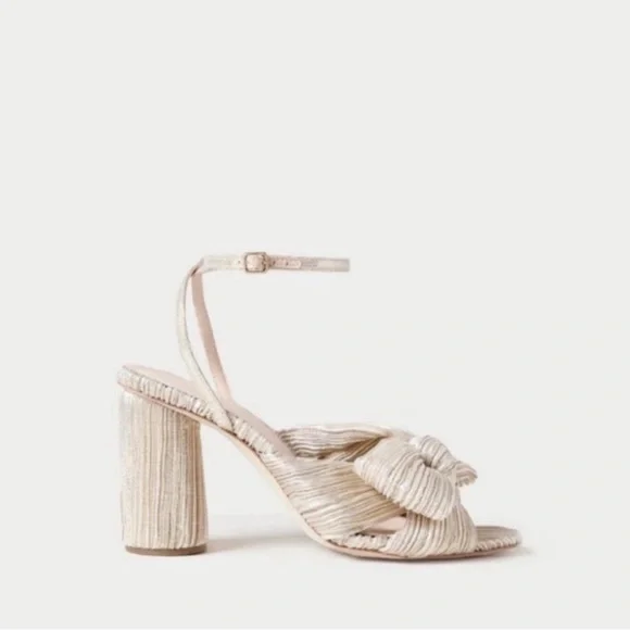 LOEFFLER RANDALL Camellia Platinum Gold Pleated Knot Bow Sandals - Picture 1 of 10